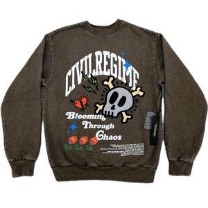 Civil Regime Sweater Sweatshirt Mens Small Brown Crewneck Skull Roses Heart‎ New